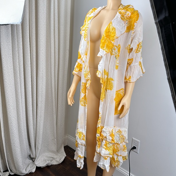 Vintage Yellow Floral Ruffle Wrap swim cover up kimono Dress Sz 2X - Picture 8 of 12